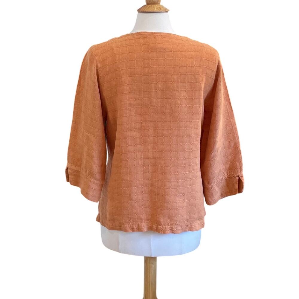 Mosaic USA Peach / Light Orange Tie Front 3/4 Sleeve Linen Blouse, Size S - Picture 5 of 11